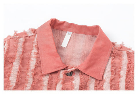 Pink Fringe Vintage Denim Work Jacket with Stripes