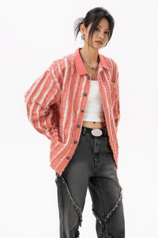 Pink Fringe Vintage Denim Work Jacket with Stripes