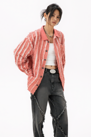 Pink Fringe Vintage Denim Work Jacket with Stripes