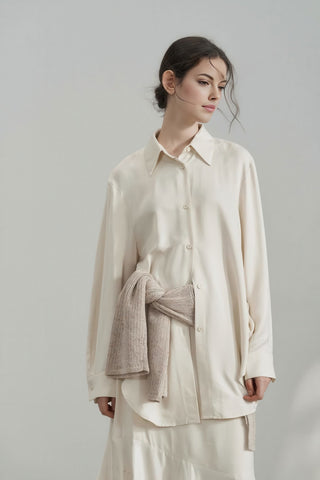 Elegant Satin Long Shirt Dress with Sleeves - 4inme 