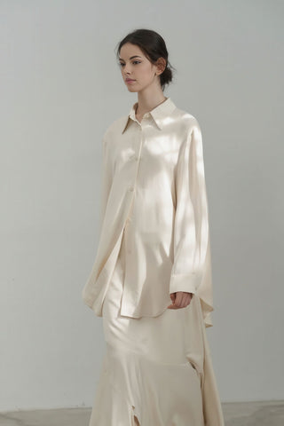 Elegant Satin Long Shirt Dress with Sleeves - 4inme 