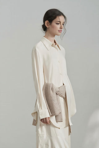 Elegant Satin Long Shirt Dress with Sleeves - 4inme 