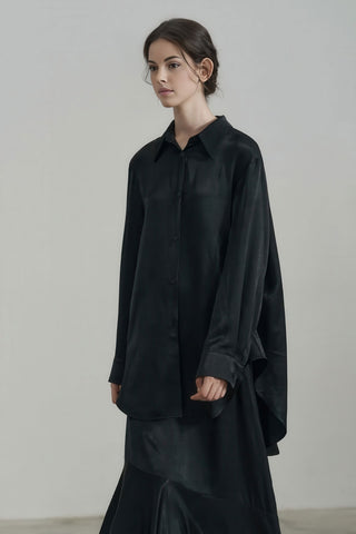 Elegant Satin Long Shirt Dress with Sleeves - 4inme 