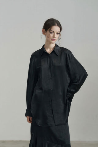 Elegant Satin Long Shirt Dress with Sleeves - 4inme 
