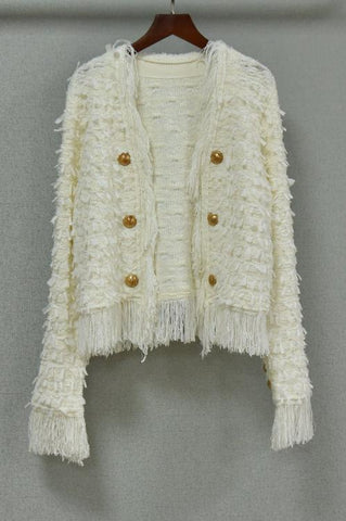 French Chic Tassel Knit Cardigan - White - 4inme 