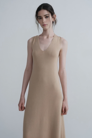 French V-Neck Knit Dress with Twist Detail - 4inme 