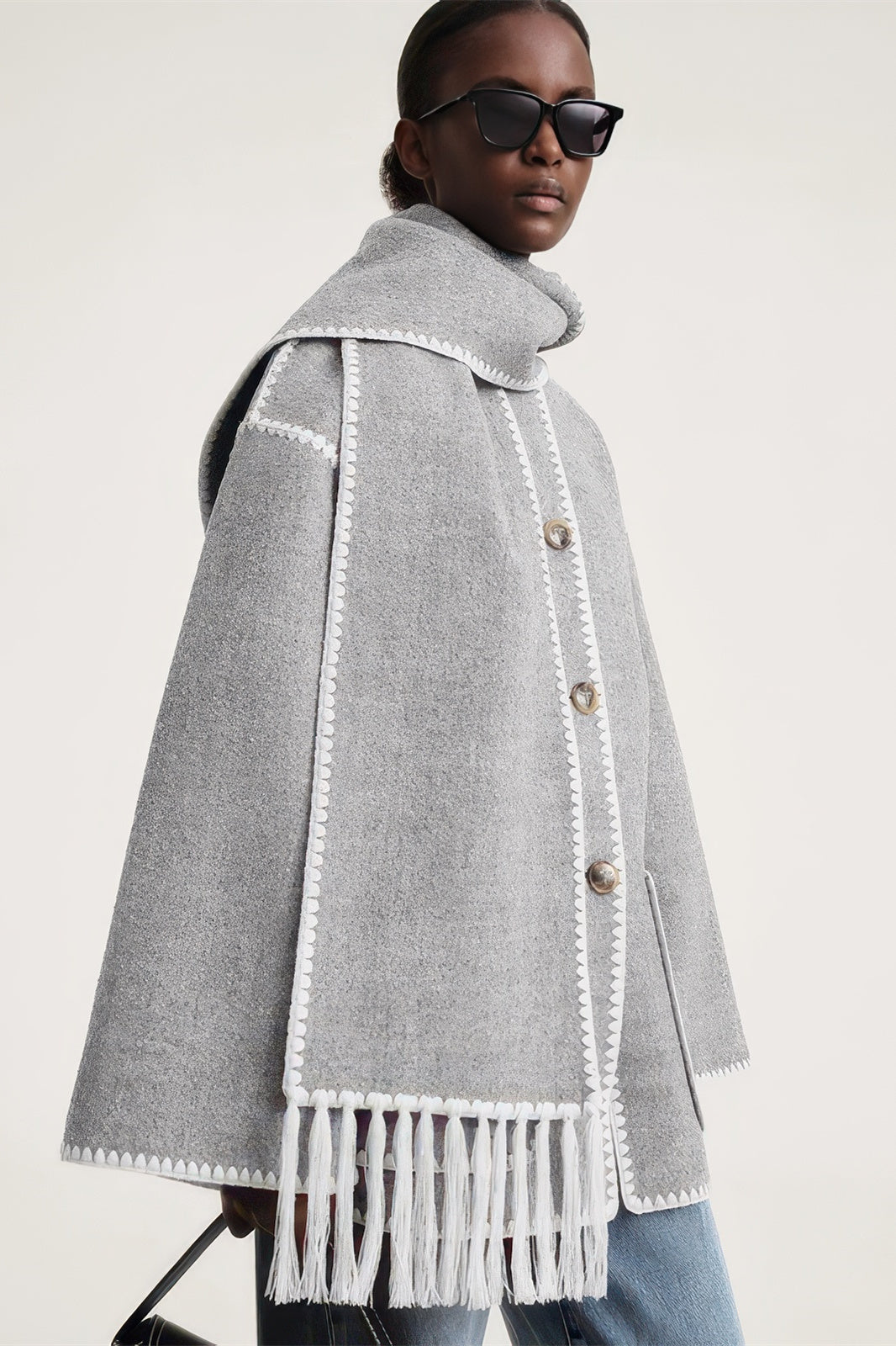 Fringe Scarf-Collar Wool Blend Coat - Loose Fit Fall/Winter 2024 - 4inme 