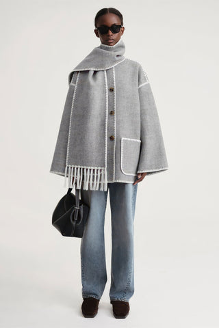 Fringe Scarf-Collar Wool Blend Coat - Loose Fit Fall/Winter 2024 - 4inme 