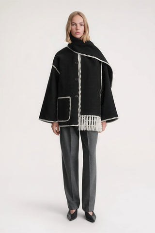 Fringe Scarf-Collar Wool Blend Coat - Loose Fit Fall/Winter 2024 - 4inme 