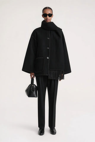Fringe Scarf-Collar Wool Blend Coat - Loose Fit Fall/Winter 2024 - 4inme 