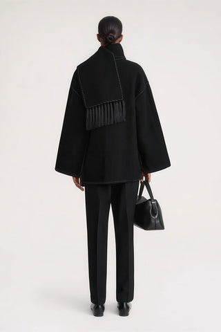 Fringe Scarf-Collar Wool Blend Coat - Loose Fit Fall/Winter 2024 - 4inme 