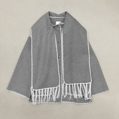 Fringe Scarf-Collar Wool Blend Coat - Loose Fit Fall/Winter 2024 - 4inme 