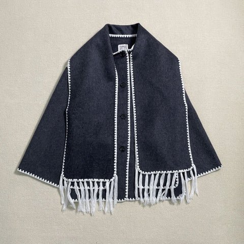 Fringe Scarf-Collar Wool Blend Coat - Loose Fit Fall/Winter 2024 - 4inme 