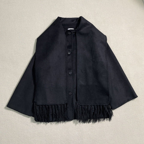 Fringe Scarf-Collar Wool Blend Coat - Loose Fit Fall/Winter 2024 - 4inme 