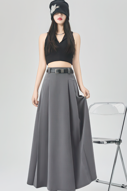 Gray Pleated A-Line Maxi Skirt - 4inme 