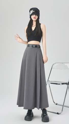 Gray Pleated A-Line Maxi Skirt - 4inme 