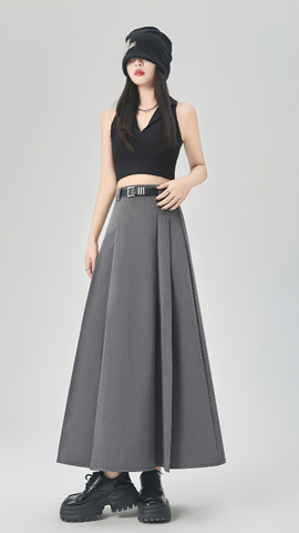 Gray Pleated A-Line Maxi Skirt - 4inme 