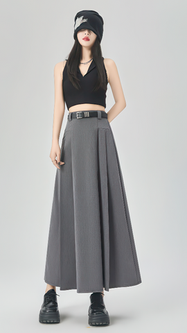 Gray Pleated A-Line Maxi Skirt - 4inme 