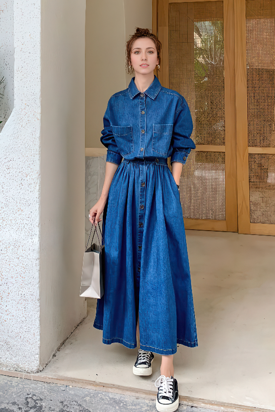 High-Waist Denim Maxi Dress - 4inme 