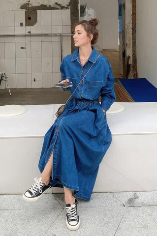 High-Waist Denim Maxi Dress - 4inme 