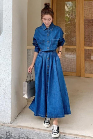 High-Waist Denim Maxi Dress - 4inme 