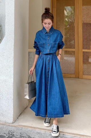 High-Waist Denim Maxi Dress - 4inme 