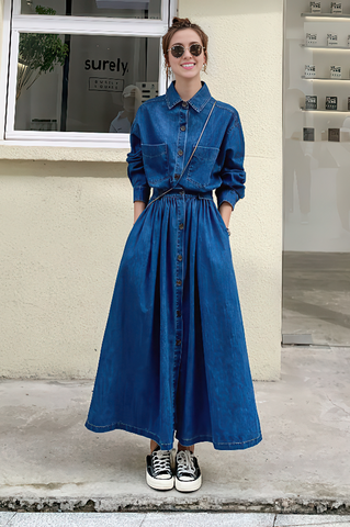 High-Waist Denim Maxi Dress - 4inme 