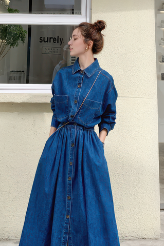 High-Waist Denim Maxi Dress - 4inme 