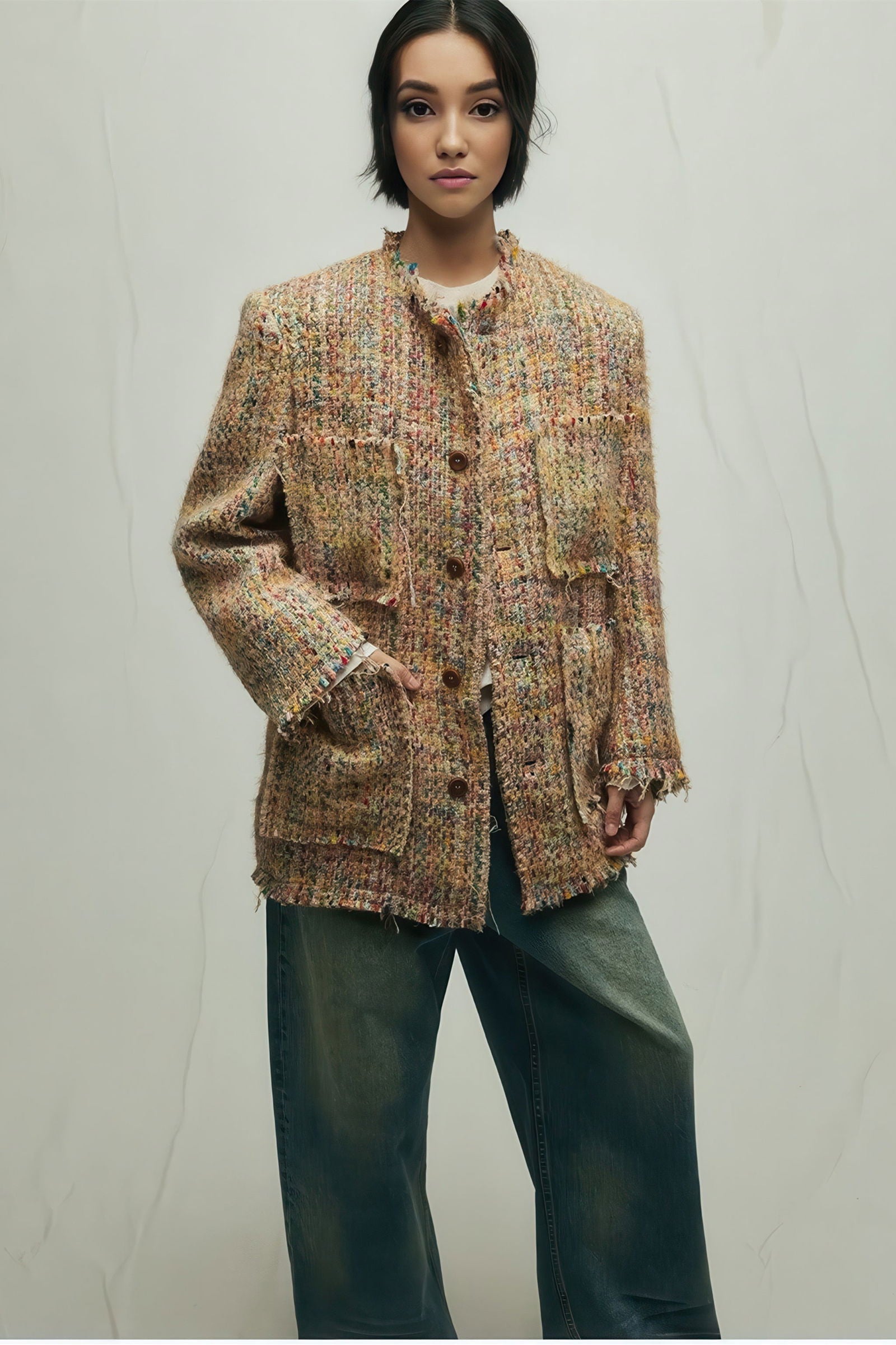 Loose Wool Blazer - Vibrant Fringe & Multi-Pocket Design - 4inme 