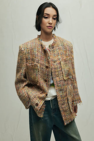 Loose Wool Blazer - Vibrant Fringe & Multi-Pocket Design - 4inme 