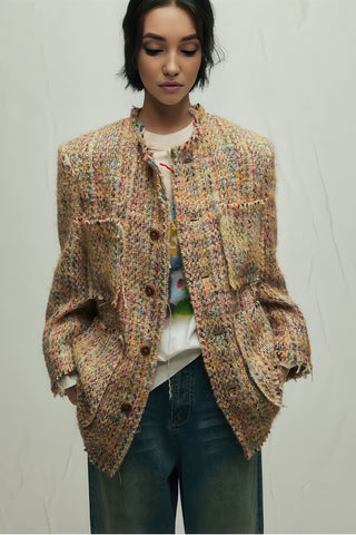 Loose Wool Blazer - Vibrant Fringe & Multi-Pocket Design - 4inme 