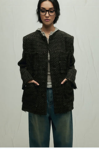 Loose Wool Blazer - Vibrant Fringe & Multi-Pocket Design - 4inme 