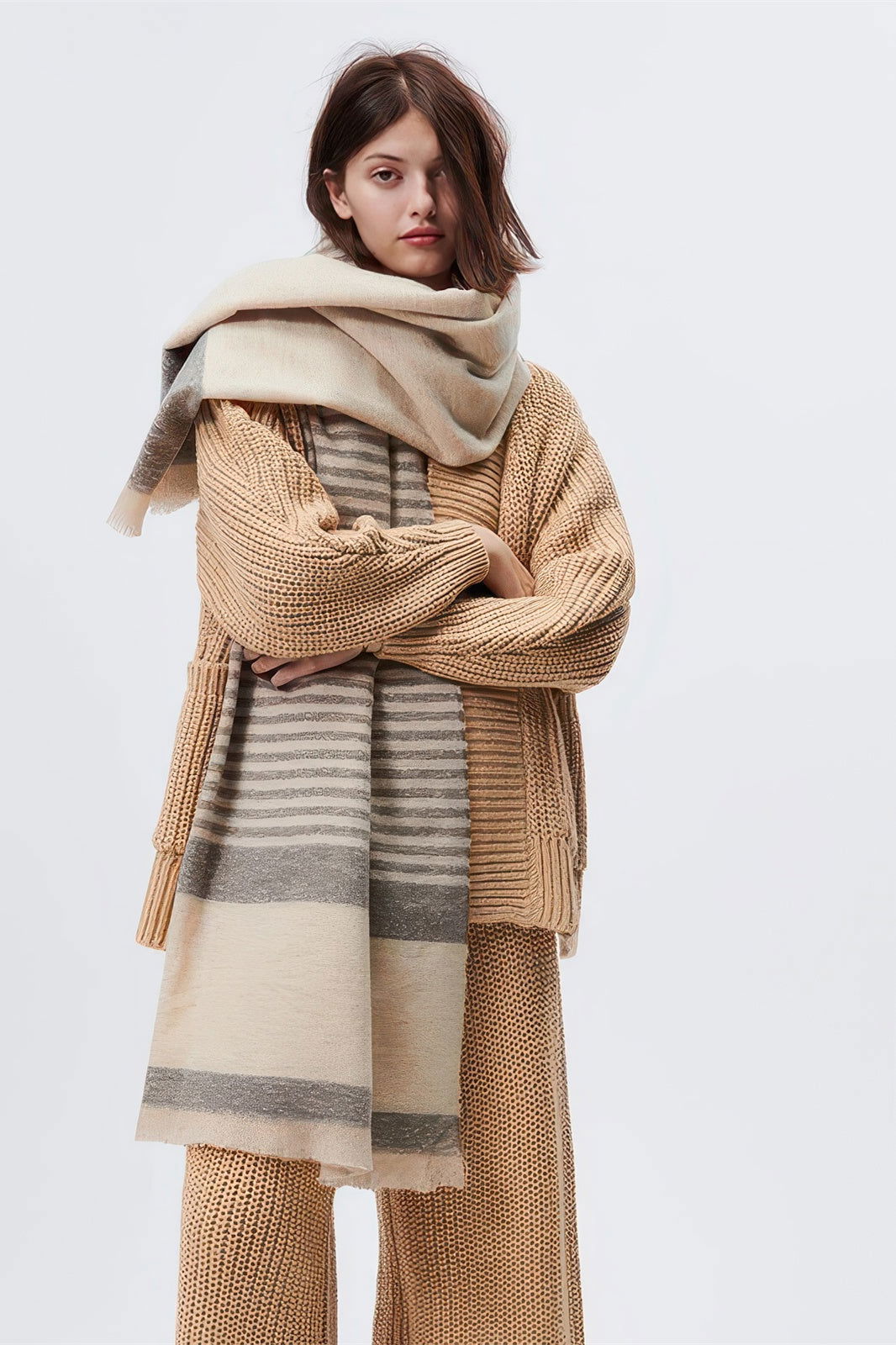 Plush Brown Stripe Thick Wrap Scarf - 4inme 