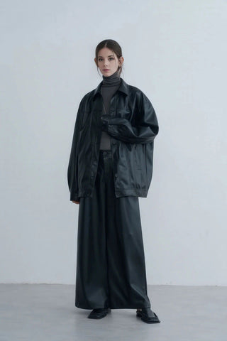 Relaxed Fit PU Leather Jacket - Sophisticated Fall Look - 4inme 