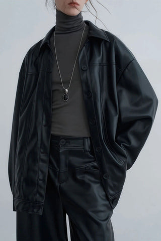 Relaxed Fit PU Leather Jacket - Sophisticated Fall Look - 4inme 