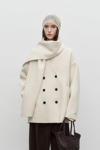 Scarf-Collar Double-Faced Wool Coat - Vintage Mid-Length Winter Elegance - 4inme 