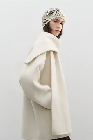 Scarf-Collar Double-Faced Wool Coat - Vintage Mid-Length Winter Elegance - 4inme 