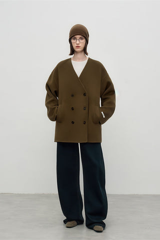 Scarf-Collar Double-Faced Wool Coat - Vintage Mid-Length Winter Elegance - 4inme 