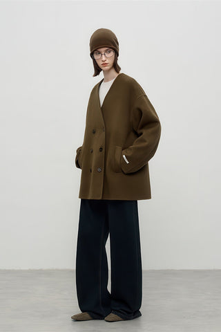 Scarf-Collar Double-Faced Wool Coat - Vintage Mid-Length Winter Elegance - 4inme 