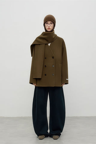 Scarf-Collar Double-Faced Wool Coat - Vintage Mid-Length Winter Elegance - 4inme 