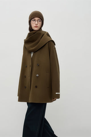 Scarf-Collar Double-Faced Wool Coat - Vintage Mid-Length Winter Elegance - 4inme 