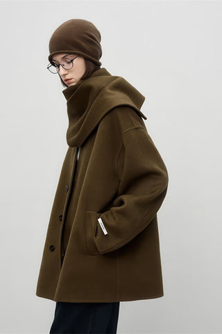 Scarf-Collar Double-Faced Wool Coat - Vintage Mid-Length Winter Elegance - 4inme 