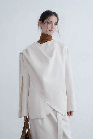 Sculpted Asymmetric Blazer - Chic with Scarf Detail - 4inme 