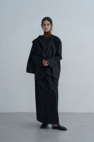 Sculpted Asymmetric Blazer - Chic with Scarf Detail - 4inme 