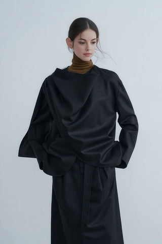 Sculpted Asymmetric Blazer - Chic with Scarf Detail - 4inme 