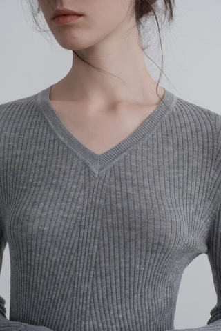 Simple V-Neck Wool Knit Pullover - 4inme 
