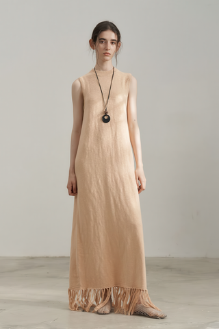 Textured Knit Vest Dress with Fringe - Rustic Autumn Charm - 4inme 