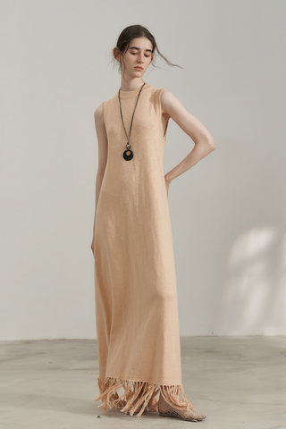Textured Knit Vest Dress with Fringe - Rustic Autumn Charm - 4inme 