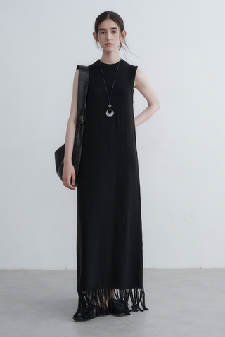 Textured Knit Vest Dress with Fringe - Rustic Autumn Charm - 4inme 