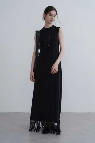 Textured Knit Vest Dress with Fringe - Rustic Autumn Charm - 4inme 